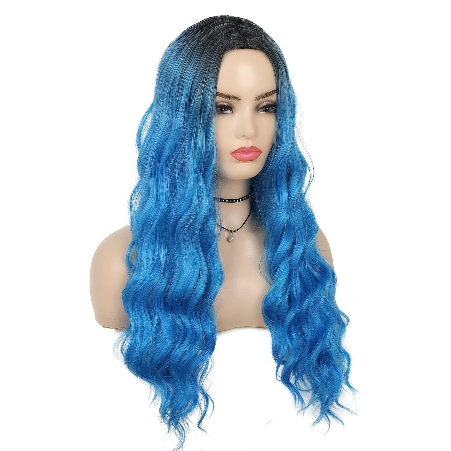 Kaneles Blue Wigs for Women Ombre Long Blue Fluffy Curly Wavy Colorful Wigs for Daily Party Cosplay