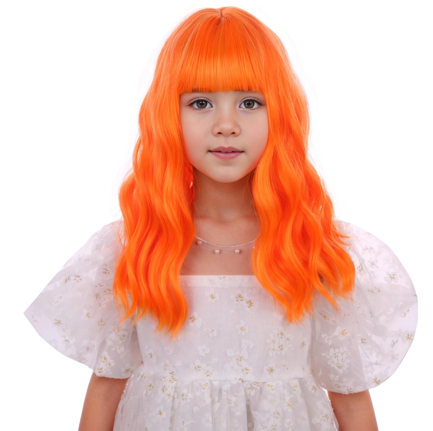 Edivd Child Bright Orange Wig Kids Short Light Orange Wig with Air Bangs Short Orange Wavy Curly Wig for Girls Heat Resistant Synthetic Wig with Wig Cap
