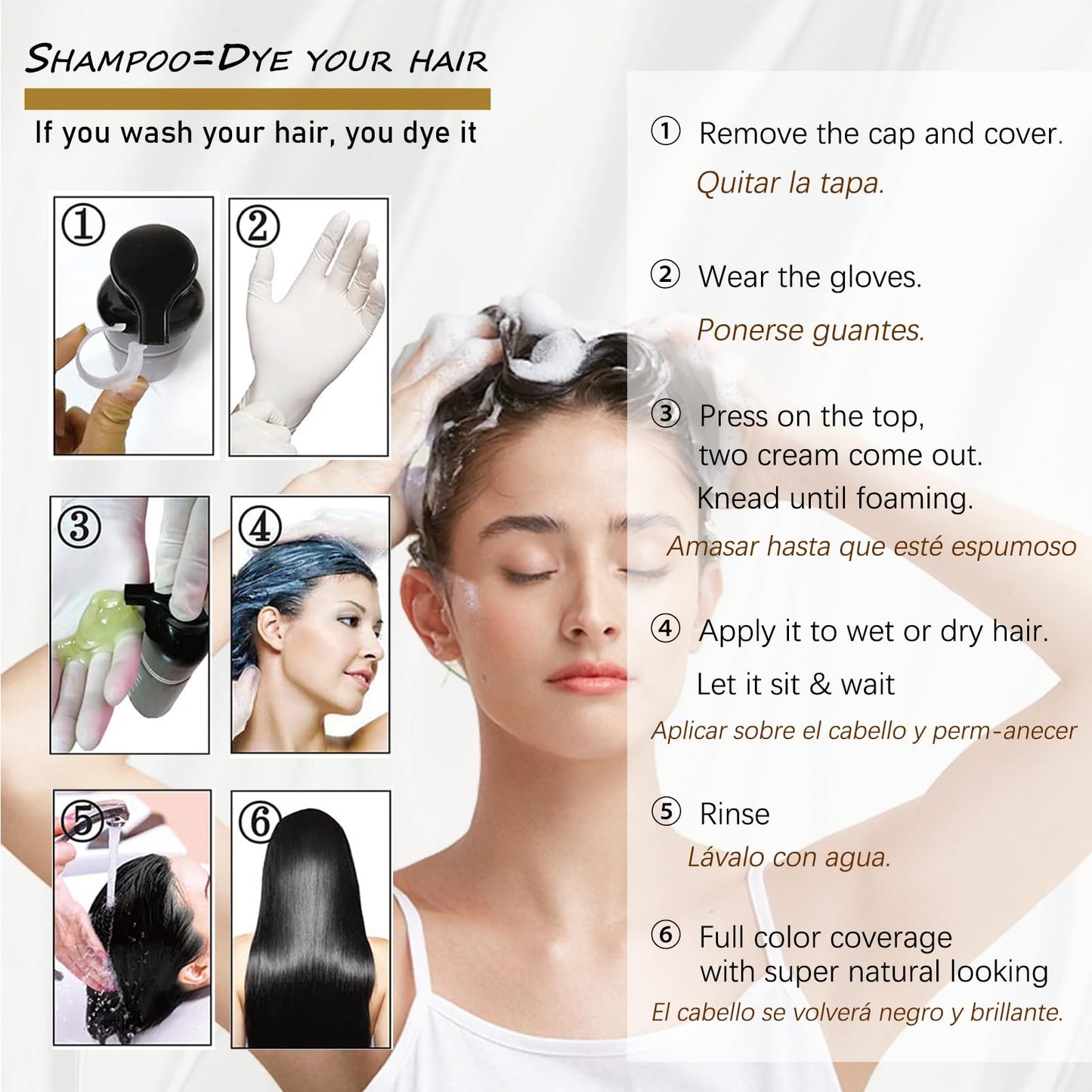 Instant Black Hair Dye Shampoo 3 in 1, 100% Grey Hair Coverage for Women Men, Magic Color Shampoo Hair Dye, Black Shampoo for Painting Hair, Plant Bubble Dye Shampoo, Shampoo Para Canas, 16.9 Fl Oz