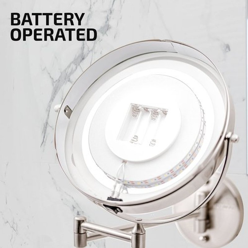OVENTE 9" Lighted Wall Mount Makeup Mirror with 1X/7X Magnification, Cordless Double Sided Magnifying Round Vanity Mirror, 360° Swivel Design, Extendable and Folding Arm, Nickel Brushed MFW85BR1X7X