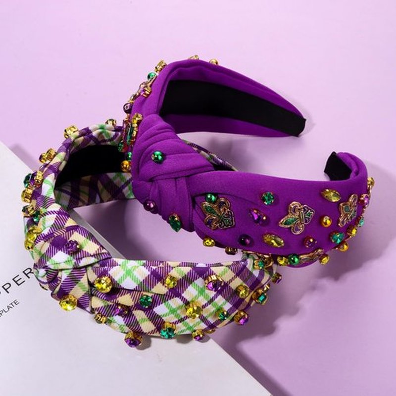CEALXHENY 2PCS Mardi Gras Headband for Women Fleur De Lis Mask Headband Purple Jeweled Rhinestone Pearl Top Knot Headband Carnival Mardi Gras Accessories Outfits Parade Party Favors Gifts