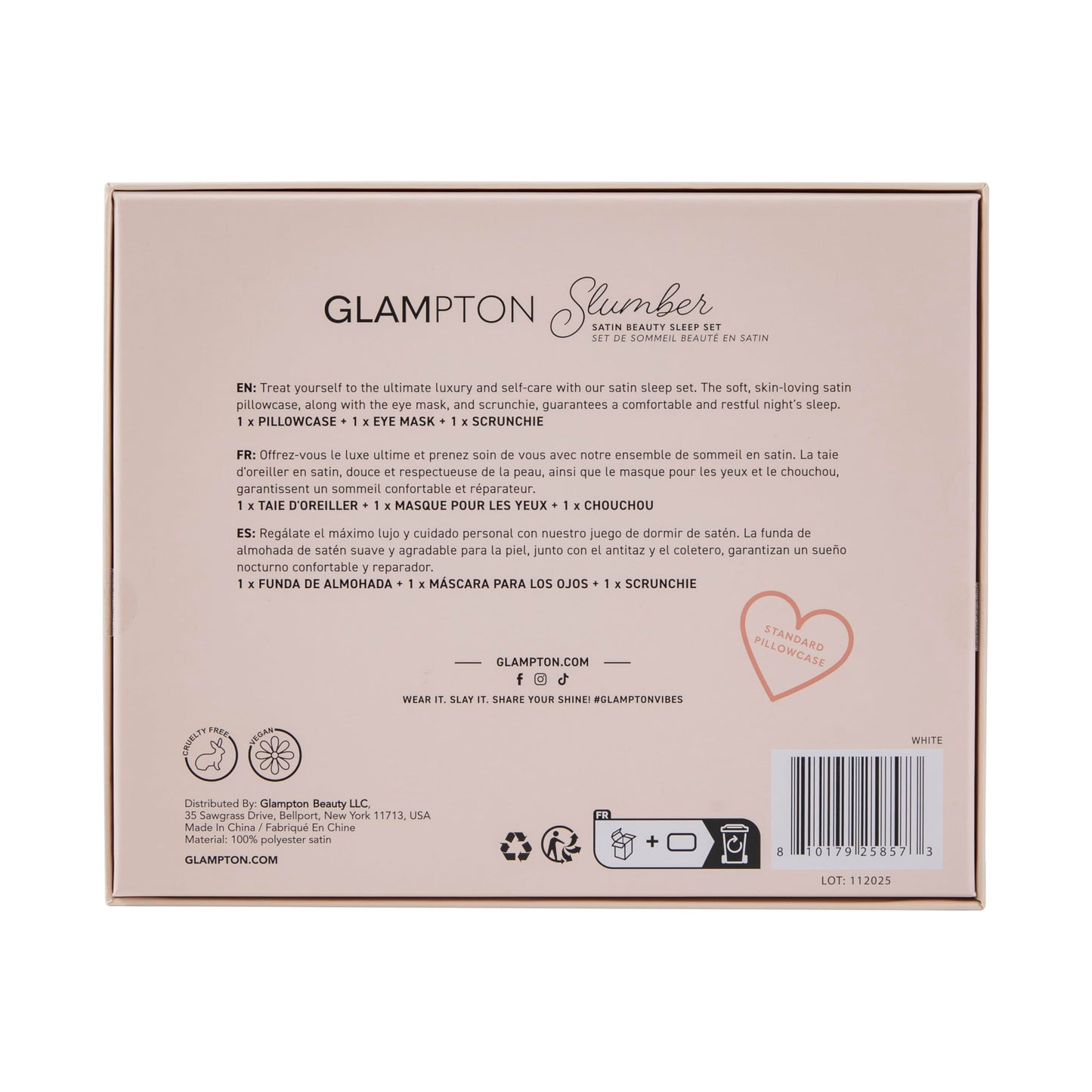 Glampton Slumber Satin Beauty Sleep Set, White, 3-Piece Set with Pillowcase, Eye Mask, and Scrunchie