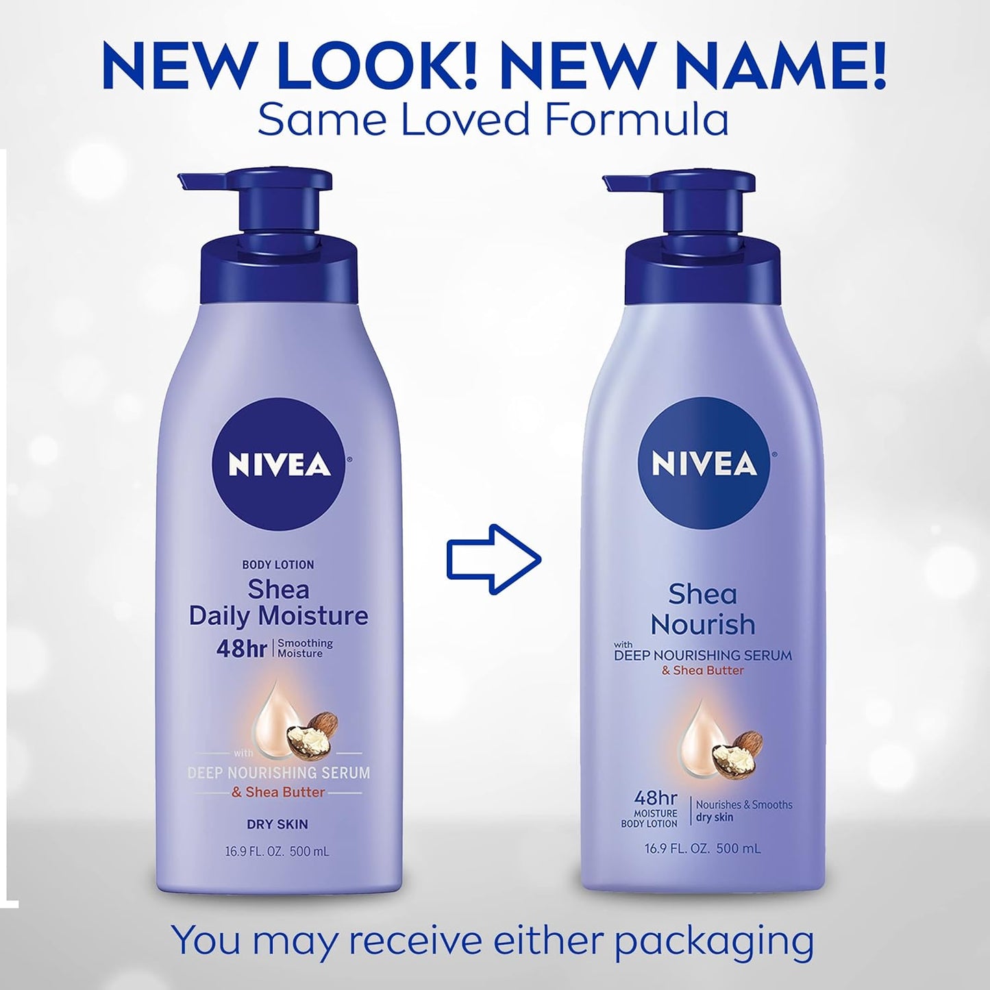 NIVEA Shea Nourish Body Lotion for Dry Skin with Hyaluronic Acid, Shea Butter and Deep Nourishing Serum, 48-Hour Body Moisturizer, 2.5 Fl Oz Bottle, Pack of 6