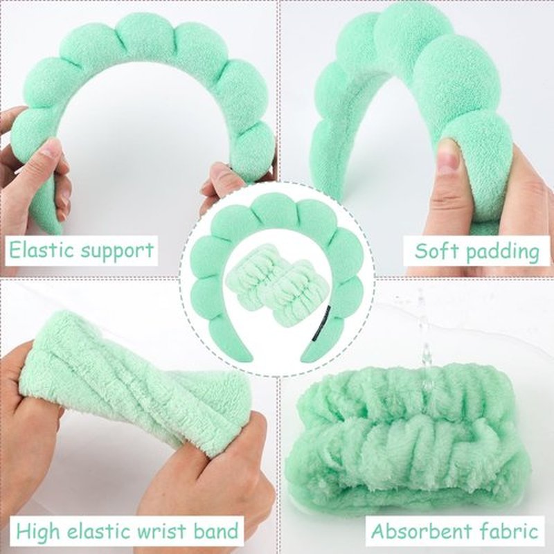 Zkptops Spa Headband for Washing Face Wristband Set Sponge Makeup Skincare Headband Wrist Towels Bubble Soft Hairband for Women Puffy Headwear Winter Non Slip Thick Thin Hair Accessory(Light Green-3)