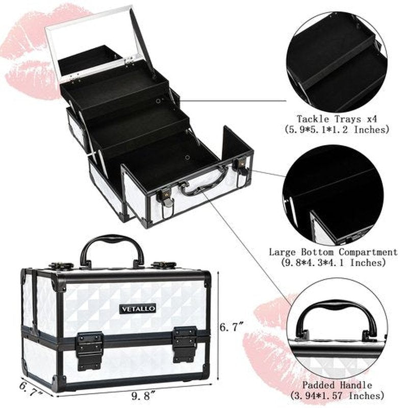 VETALLO Travel Makeup Box, Lockable Makeup Box Organizer I Makeup Train Case I Makeup Case Organizer I Makeup Box with Mirror I Large Makeup Organizer I Gifts For Her Women Bestie I White B