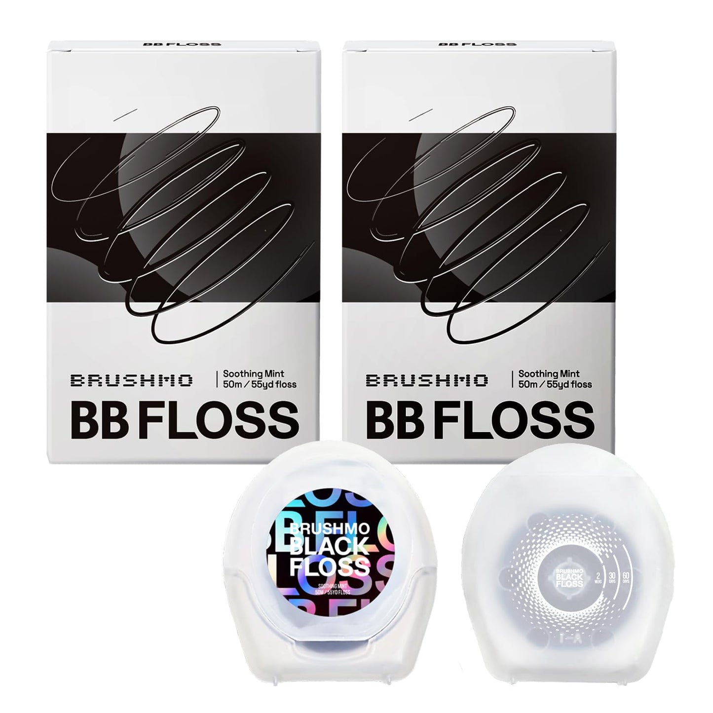 Brushmo Black Floss (BB Floss), US Dentist-Designed Oral Care, Stain-Absorbing, Woven Expanding Dental Floss with Natural Wax to Prevent Gum Disease, Non-Toxic PTFE & PFAS Free, 2 spools (110 yd)