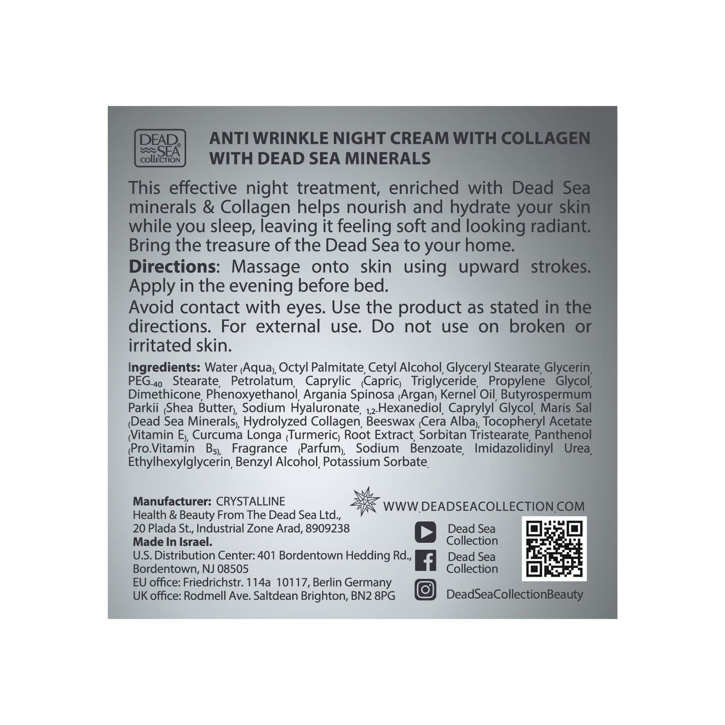 Dead Sea Collection Moisturising Night Face Cream with 3X Collagen – Anti Aging Nourishing Facial Moisturiser with Dead Sea Minerals and Vitamin E for Women and Men – All Skin Types (50 ml)