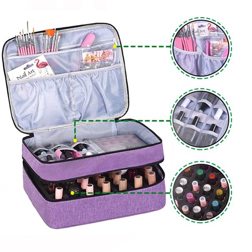LYFFXYH Nail Polish Carrying Case, Portable Nail Polish Holder Holds 42 Bottles(15ml), Double-layer Storage Bag for Nail Polish and Manicure Set (Purple-Holds 42 Bottles)