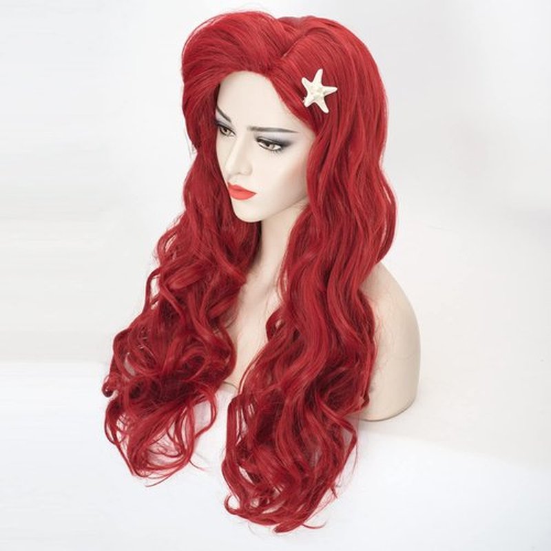 Wiggy Mermaid Wig + Starfish Hairpin Women Red Long Curly Wavy Cosplay Wigs with Bangs Halloween Party Costume Heat Resistant Wig + Wig Cap