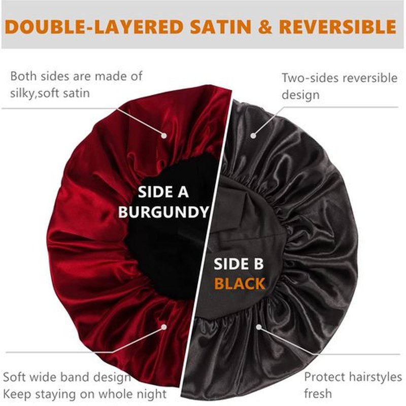 Bonnet for Men,Hair Bonnet for Sleeping,Double Layer Satin Bonnets for Black Women Curly Hair Braids,Reversible Sleep Cap (Large,Black/Burgundy)