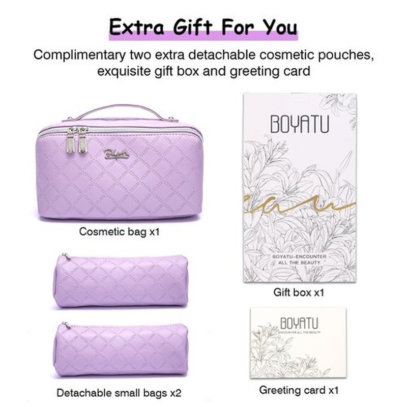 Travel Makeup Bags Cosmetic Organizer Bag: 3-Set Large Capacity Make up Bag - PU Leather Toiletry Bag for Women - Wide Open Portable Pouch with Divider & Handle (07-Purple-1)
