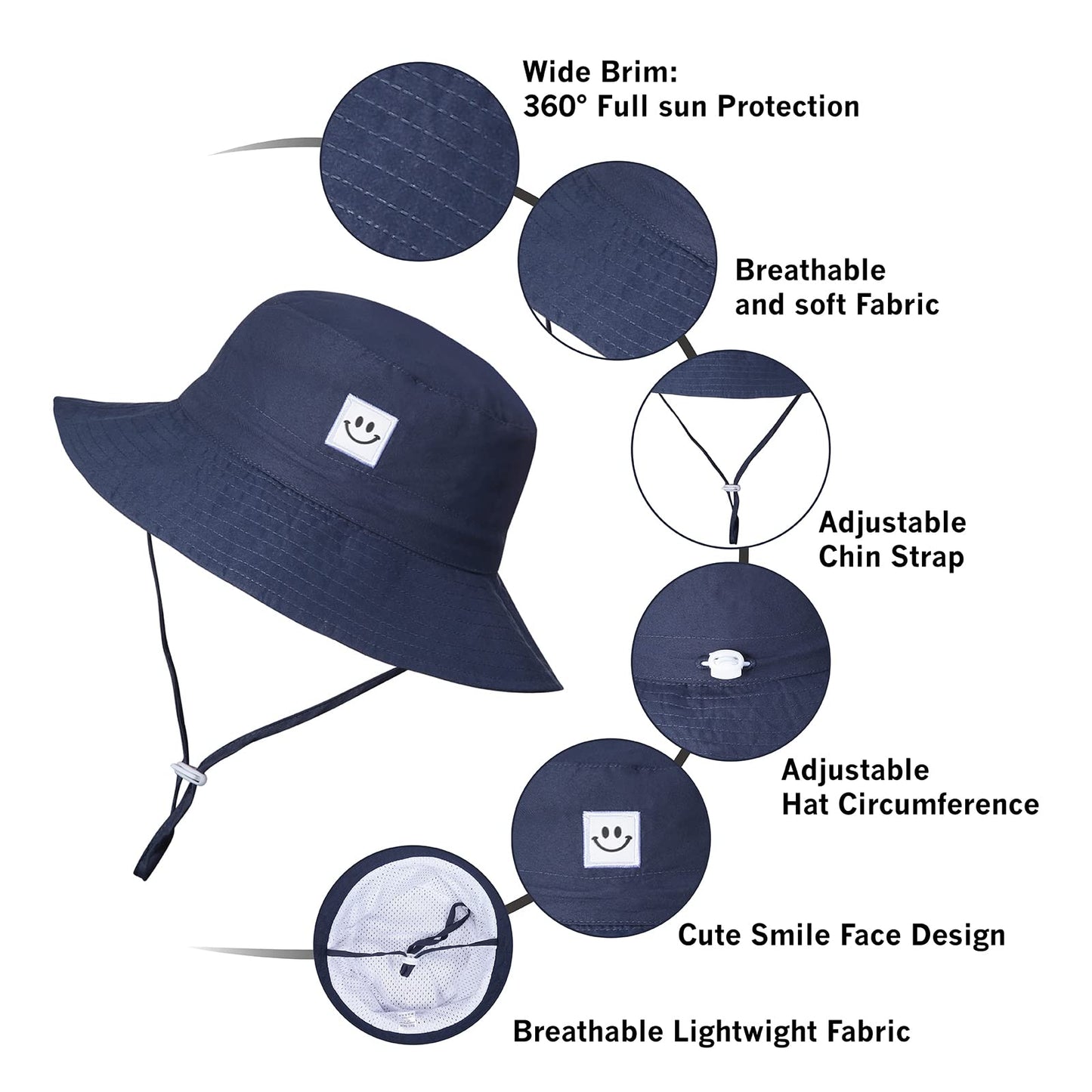 Baby Sun Hat Toddler Bucket Hat for Boys 2-7 Years 2pack Smile Face Grey/Navy