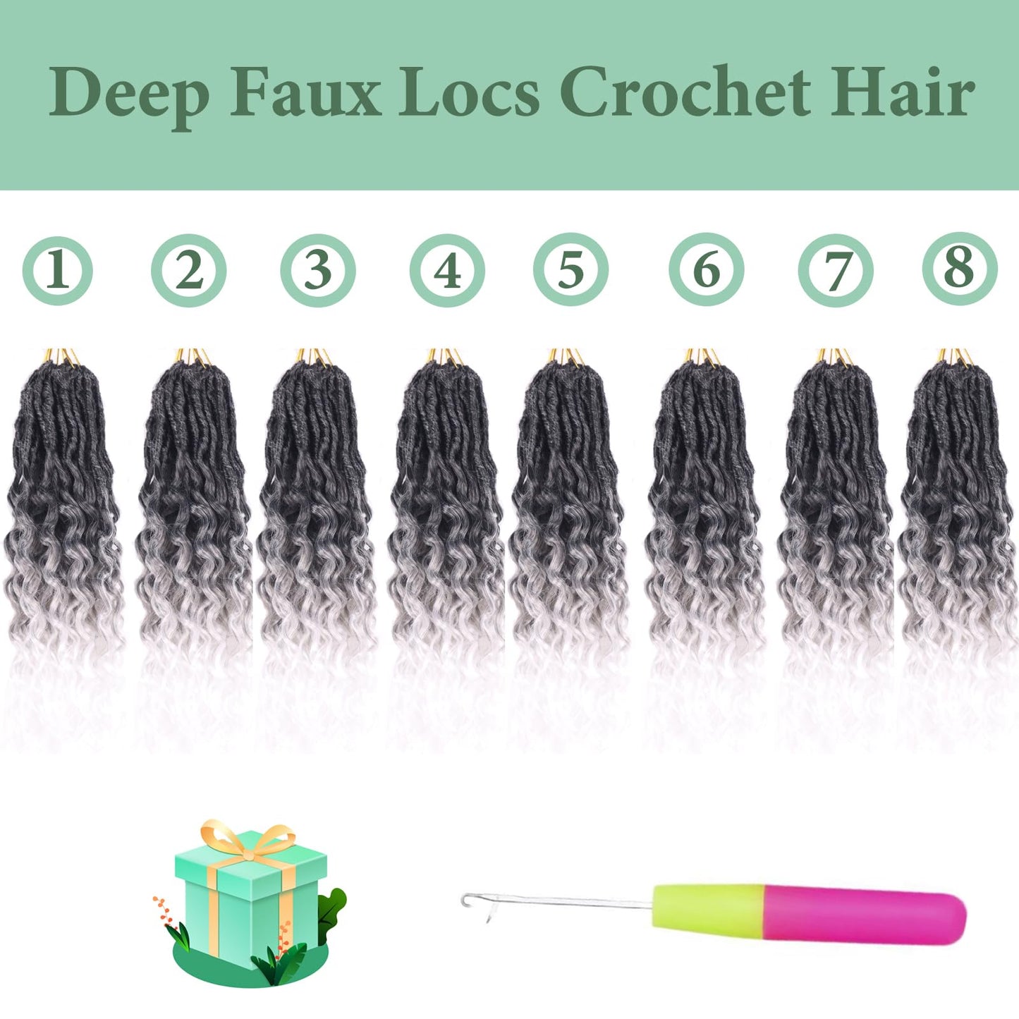 Deep Faux Locs Crochet Hair With Curly Ends 14 Inch Soft Locs Pre looped Goddess Locs Crochet Hair Deep Wave Crochet Braids for Women Locs Crochet Hair(Black to white)