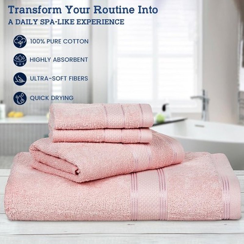 Casa Lino 4 Piece Bath Towel Set | 1 Bath Towel, 2 Wash Cloth, 1 Hand Towels | Bathroom Essentials for New Home, 100% Cotton Luxury Towels, Highly Absorbent Bathroom Set, Blush