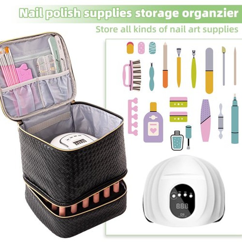 AFUOWER Nail Polish Organizer Bag with Handles - Holds 30 Bottles (15ml - 0.5 fl.oz),Travel Case Portable Storage Bag for Manicure Set (Woven Black)
