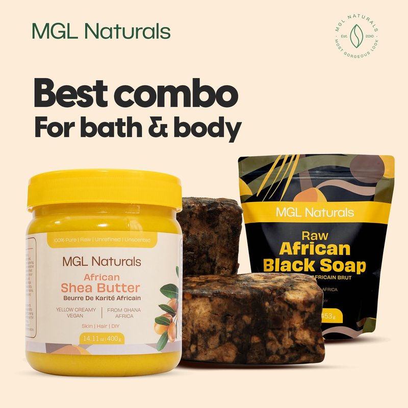 MGL Naturals Raw African Black Soap 2.2 lb from Ghana, Africa | Vegan & Organic | Face and body deep cleanse wash. (2.2 lb | 1 kg | 36 oz)