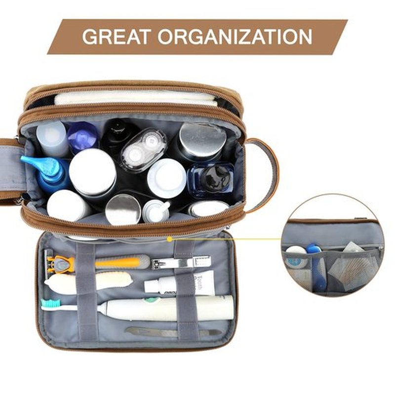 BAGSMART Toiletry Bag for Men, Canvas Travel Toiletry Organizer Dopp Kit Water-resistant Shaving Bag for Toiletries Accessories,Khaki-Medium