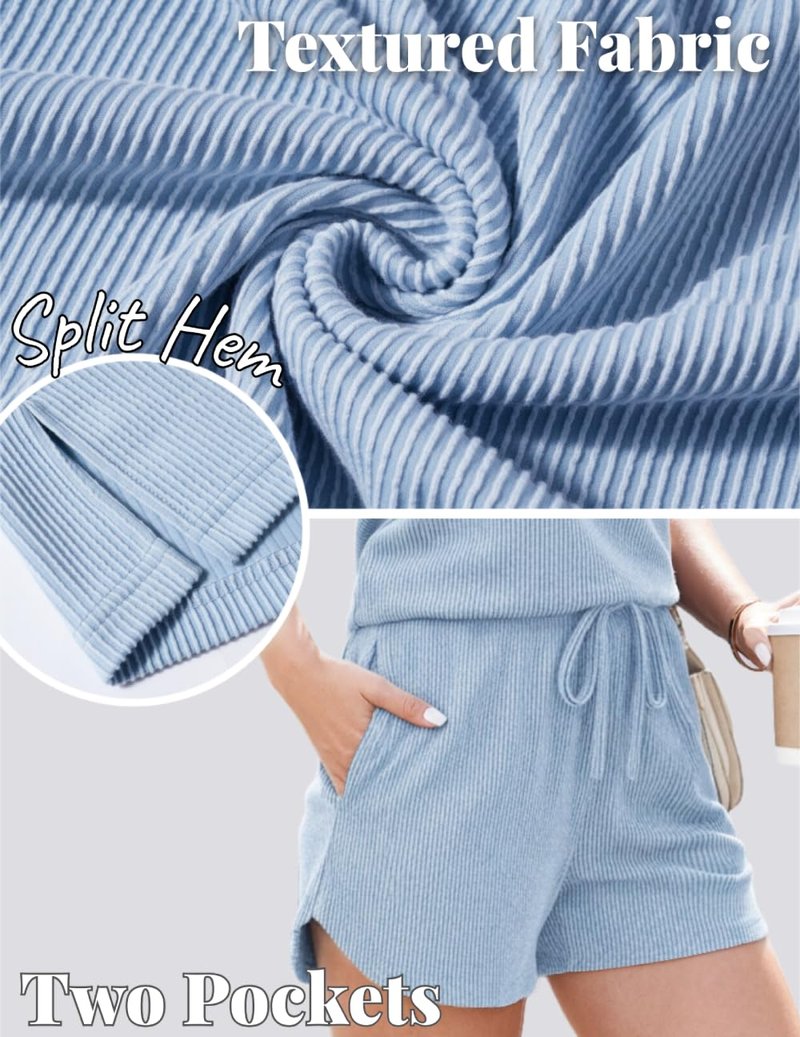 Ekouaer Womens Short Sets 2 Piece Lounge Set Knit Tank Top and Pajama Shorts Casual V-neck Outfits with Pockets Blue S