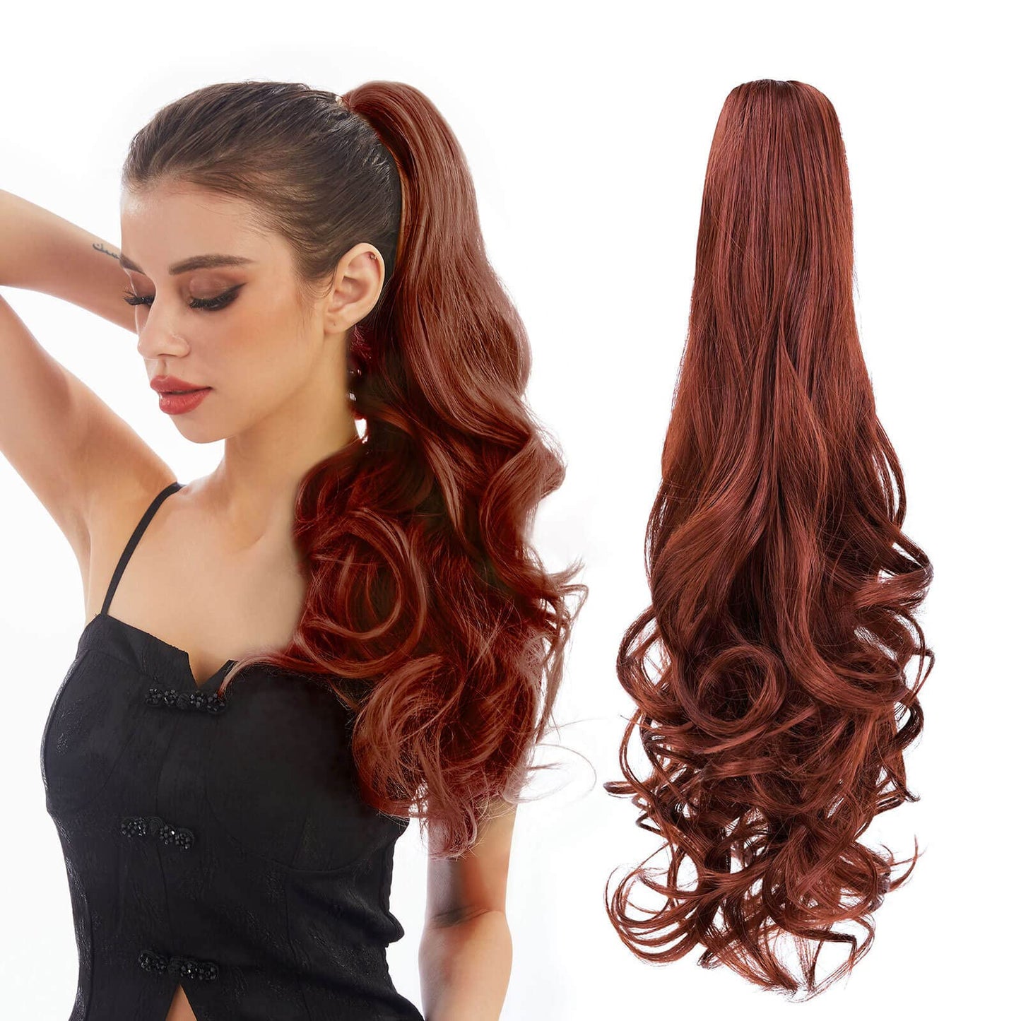 HEWEICSY Ponytail Extensions,Hair Extension Ponytail 22" Long Claw Hair Extension Synthetic Curly Wavy Hairpieces Ponytail Clip in Ponytail Wig Daily Fluffy Pony Tail for Women,4.8 OZ,Auburn