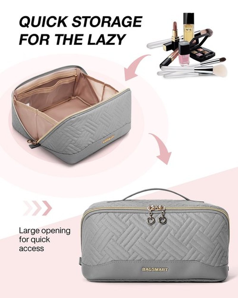BAGSMART Makeup Bag Cosmetic Bag, Travel Makeup Bag,Water-resistent Makeup Bags for Women Portable Pouch Open Flat Make Up Organizer Case for Toiletries, Brushes, Grey