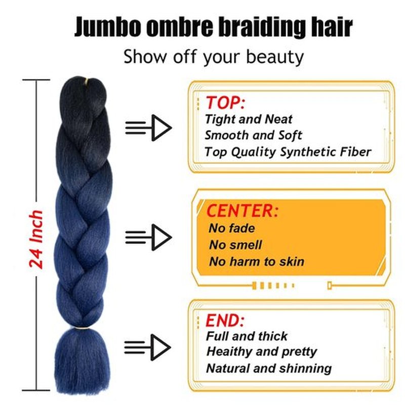 TENGSHUO FLY Black to Dark Blue Braiding Hair 3 Packs Synthetic Braid Hair Extensions Jumbo Ombre Braiding Hair 24"or Box Braids Twist Crochet Braids(24"3Pack,Black to Dark Blue)