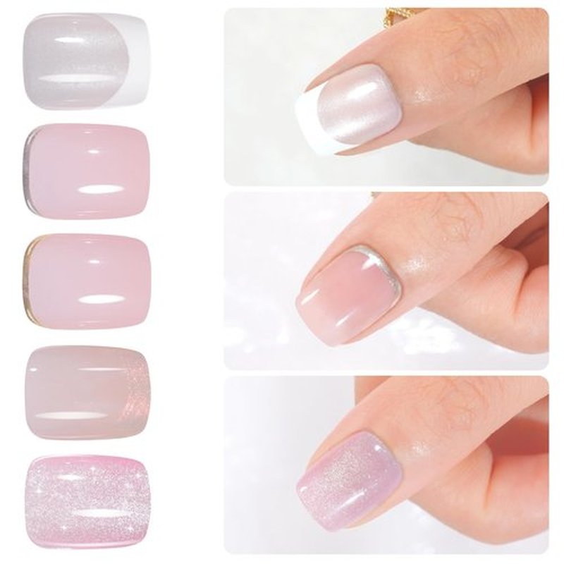 French Tip Press on Nails Short Chrome 5 Styles - 120Pcs Salon-Like Acrylic Fake Nails with Mermaid Pearl Chrome Gold Foil End Designs, Glossy & Natural Glue on Nails
