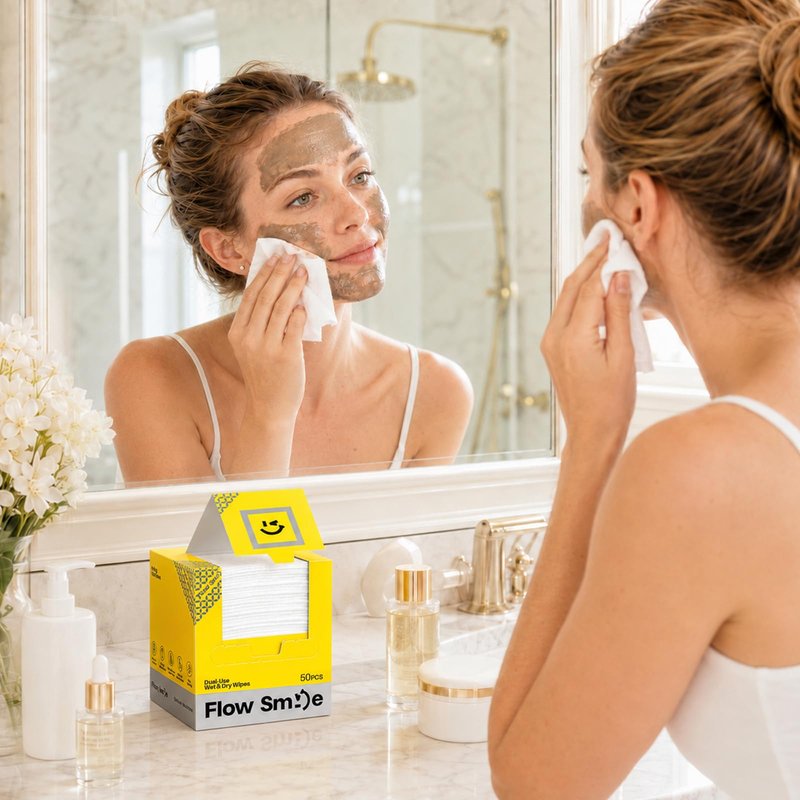 FLOW SMILE Face Towels, Disposable Face Towels, 50 Count Extra Thick & Ultra Soft Lint-Free Dry Wipes for Sensitive Skin, Unscented Biodegradable for Makeup Removal & Facial Cleansing