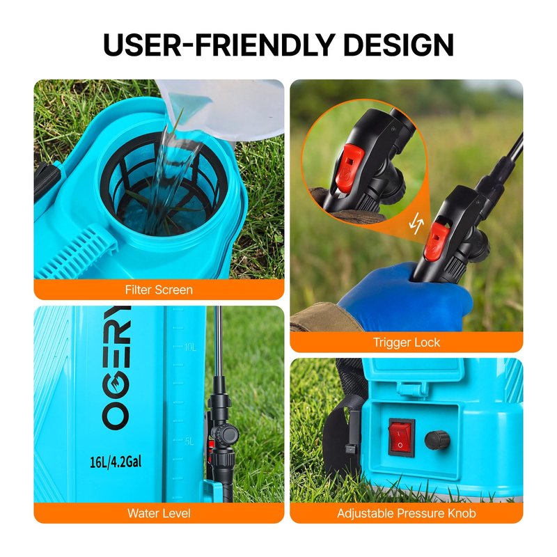 4 Gallon Battery Powered Backpack Sprayer, 2.6Ah 21V with 6 Nozzles, Telescopic Stainless Steel + Plastic Wand for Lawn Garden Weed Yard Cleaning (Charger Included)