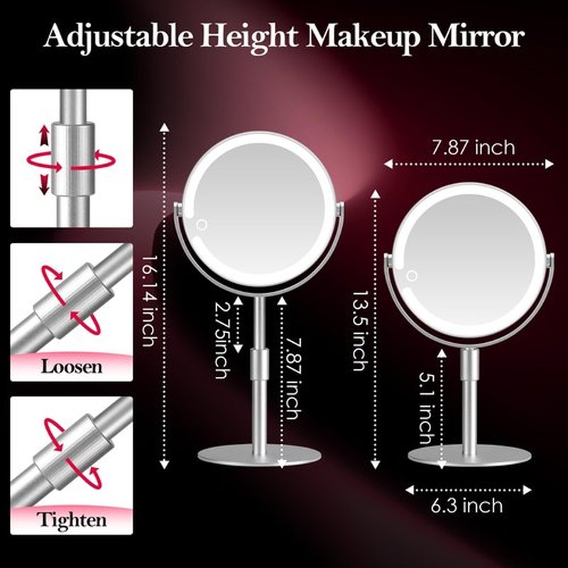 PEDOMIROR 20X Magnifying Mirror with Light, Lighted Make Up Mirror, Rechargeable 2000mAh Led Makeup Mirror, Height & Brightness Adjustable Desk Makeup Mirror, 360°Rotation & Touch Screen (Silvery)
