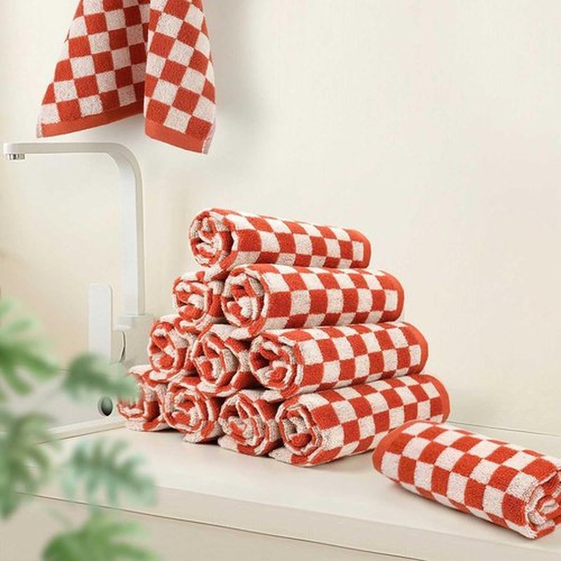 Super Soft Wash Cloths(Orange Checkered), 12 Pack Washcloths Facecloth, Cotton Face Towels Set for Body Showering 13x13 Inches, Gifts
