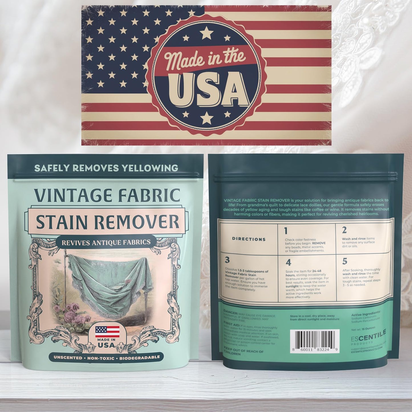 Vintage Fabric Stain Remover - Safely Cleans Retro & Antique Textiles - Made in the USA - Gently Removes Yellowing & Tough Stains From Vintage Linens, Quilts, Dresses, Doilies (Pack of 1)