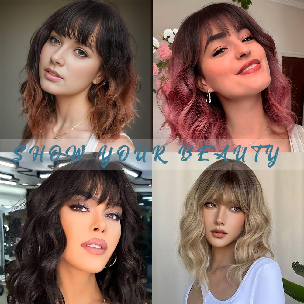 Short Pink Wigs with Bangs 14Inch Wavy Curly Bob Pastel Wig for Women Ombre Pink Shoulder Length Natural Looking Hair Replacement Wig for Daily Party Use Cosplay Costume Halloween Wig