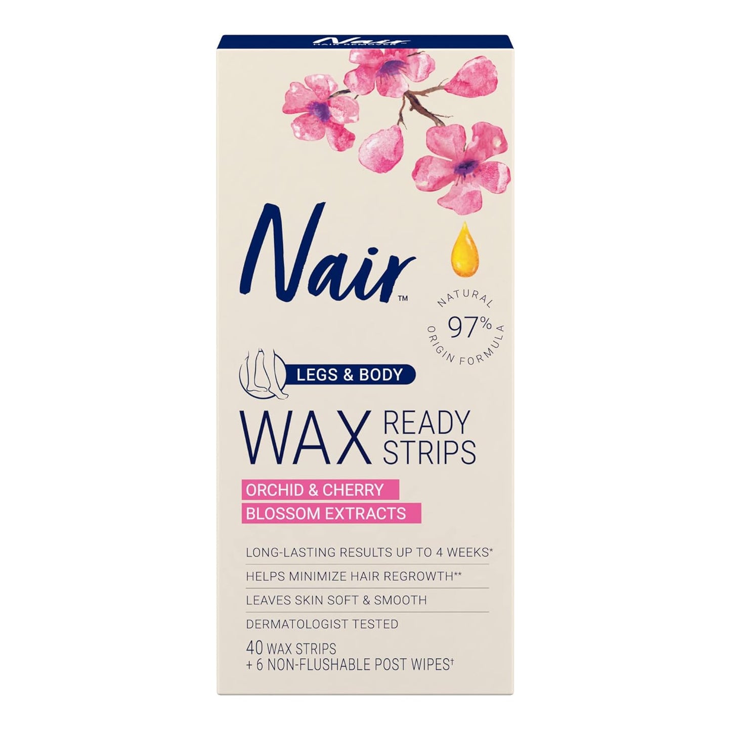 Nair Hair Remover Wax Ready Strips, Legs and Body Hair Removal Wax Strips, 40 Count, 3 Pack