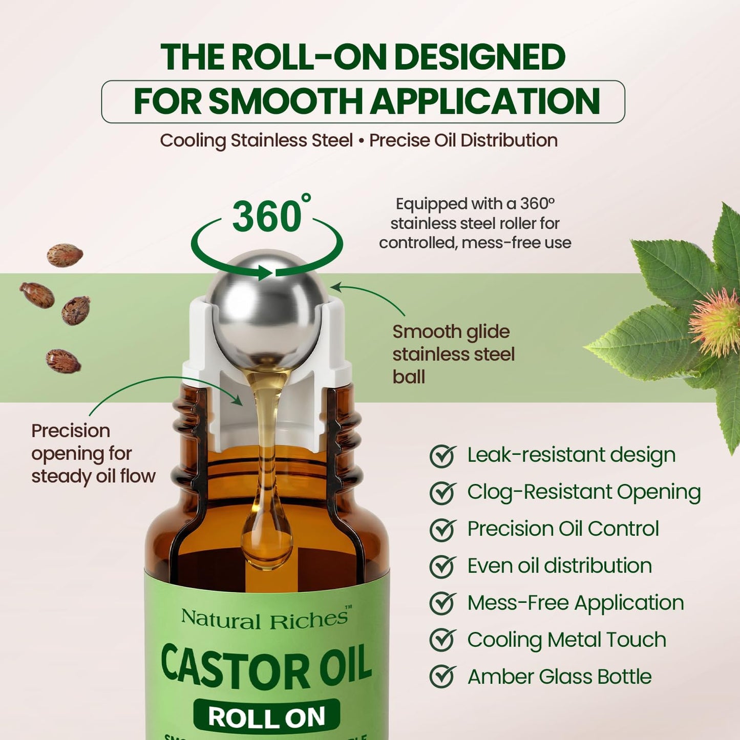 Natural Riches Organic Castor Oil Roll On - Cold Pressed, Hexane Free, 100% Pure Beauty Blend - 1 fl oz Glass Bottle with Roller Ball Applicator