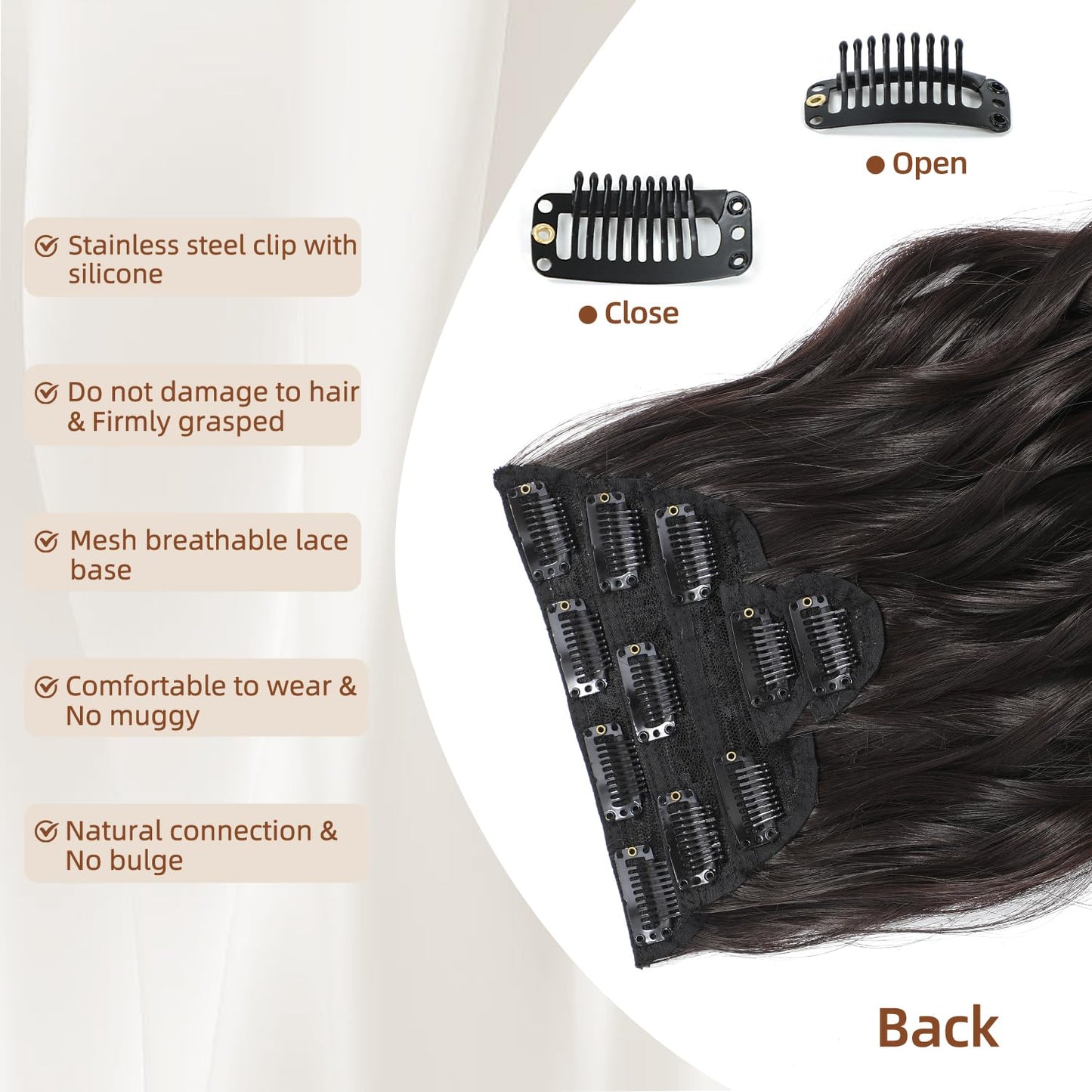Fliace Clip in Hair Extensions, 6 PCS 1 6 Inch Hair Extensions Clip Ins, Dark Brown Long Wavy Hairpieces(16inch, 6pcs, Dark Brown)
