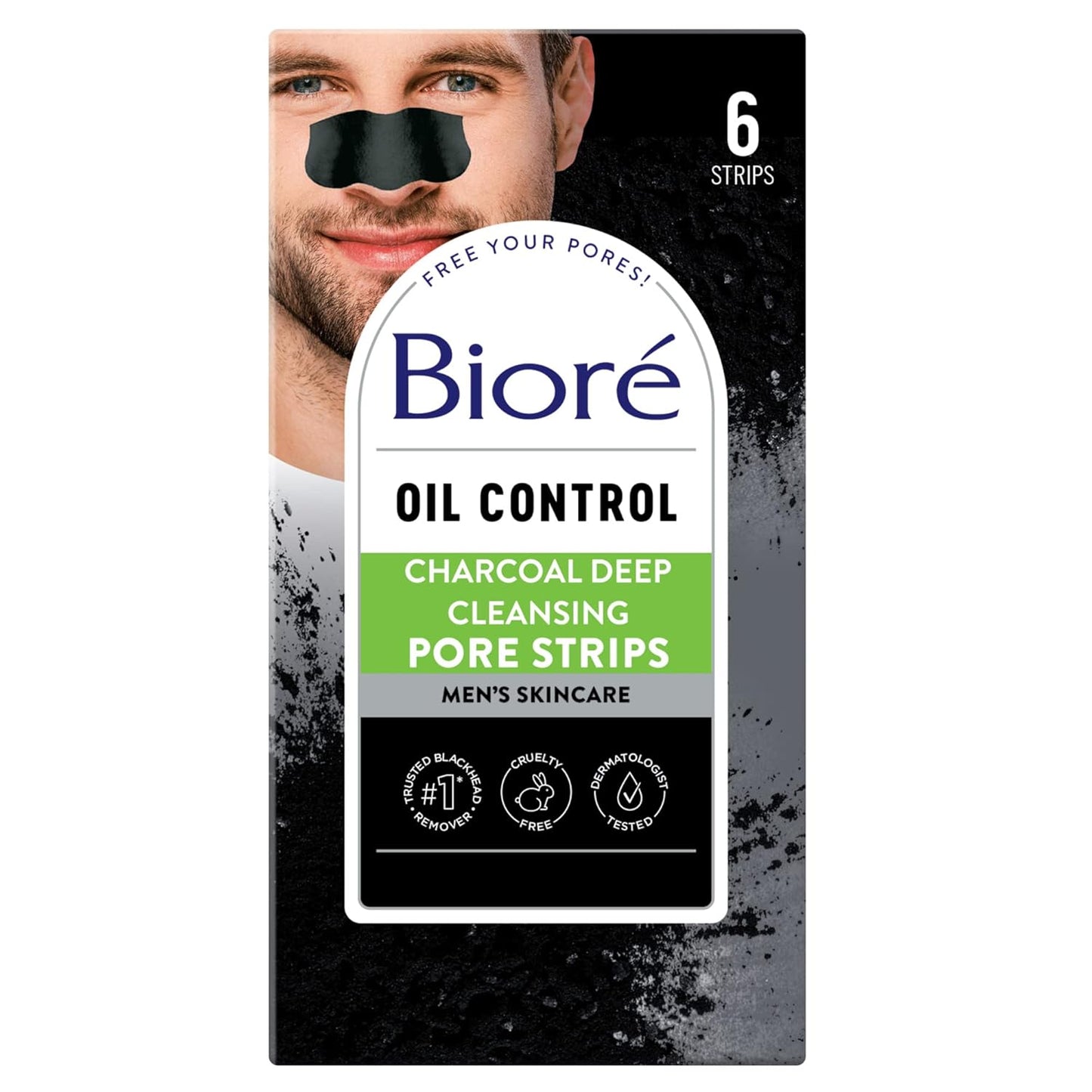 Bioré Men's Blackhead Remover Pore Strips, Charcoal Deep Cleansing Nose Strips for Blackhead Removal on Oily Skin, 6 Count (Pack of 4)