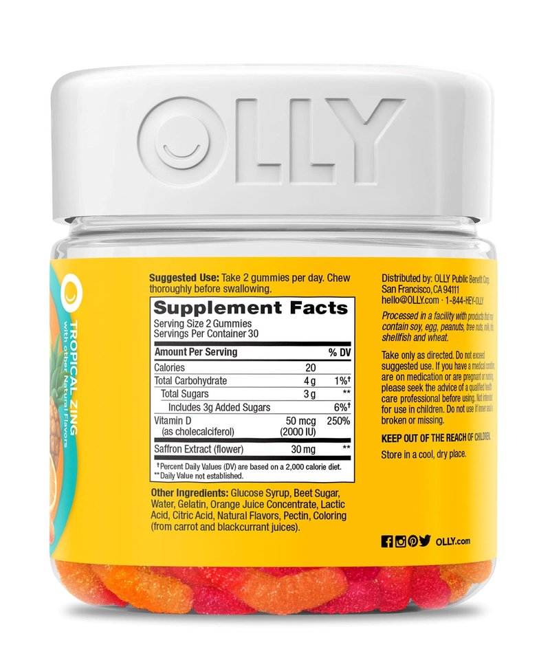 OLLY Hello Happy Gummy Worms, Mood Support Gummies For Adults,* Saffron Extract, Vitamin D, Tropical Zing Flavored, 30 Day Supply - 60 Count