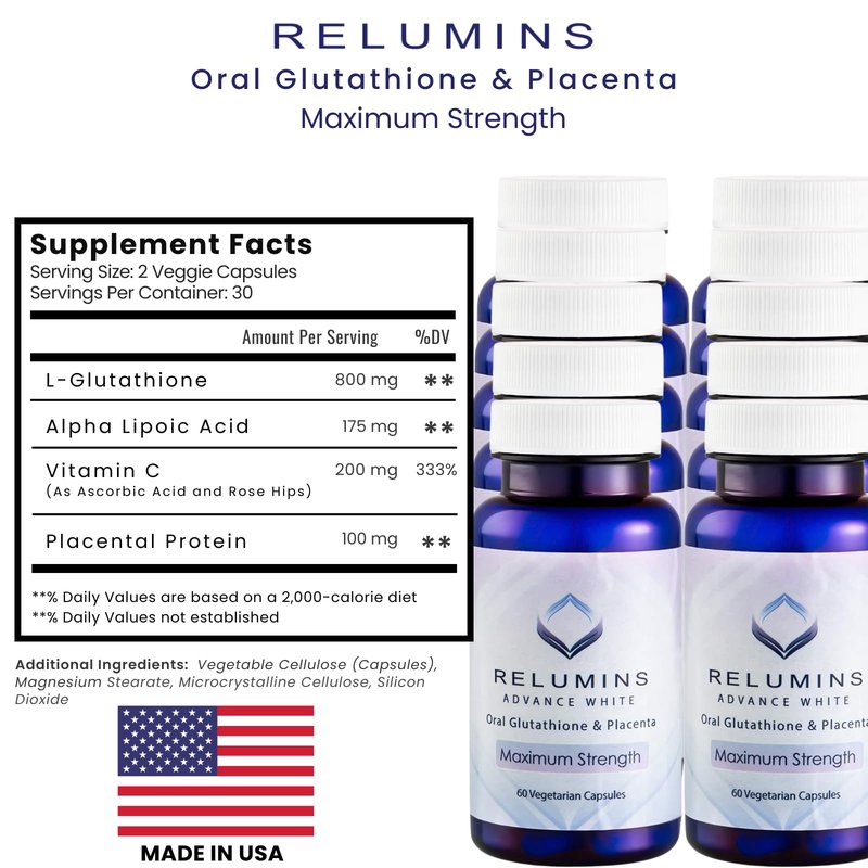 Relumins Advanced White Glutathione Capsules - Max Strength Brightening Supplement with ALA, Placenta, Rose HIPS & Vitamin C - Fights Oxidative Stress, Supports Collagen & Made in USA - 10 Bottles