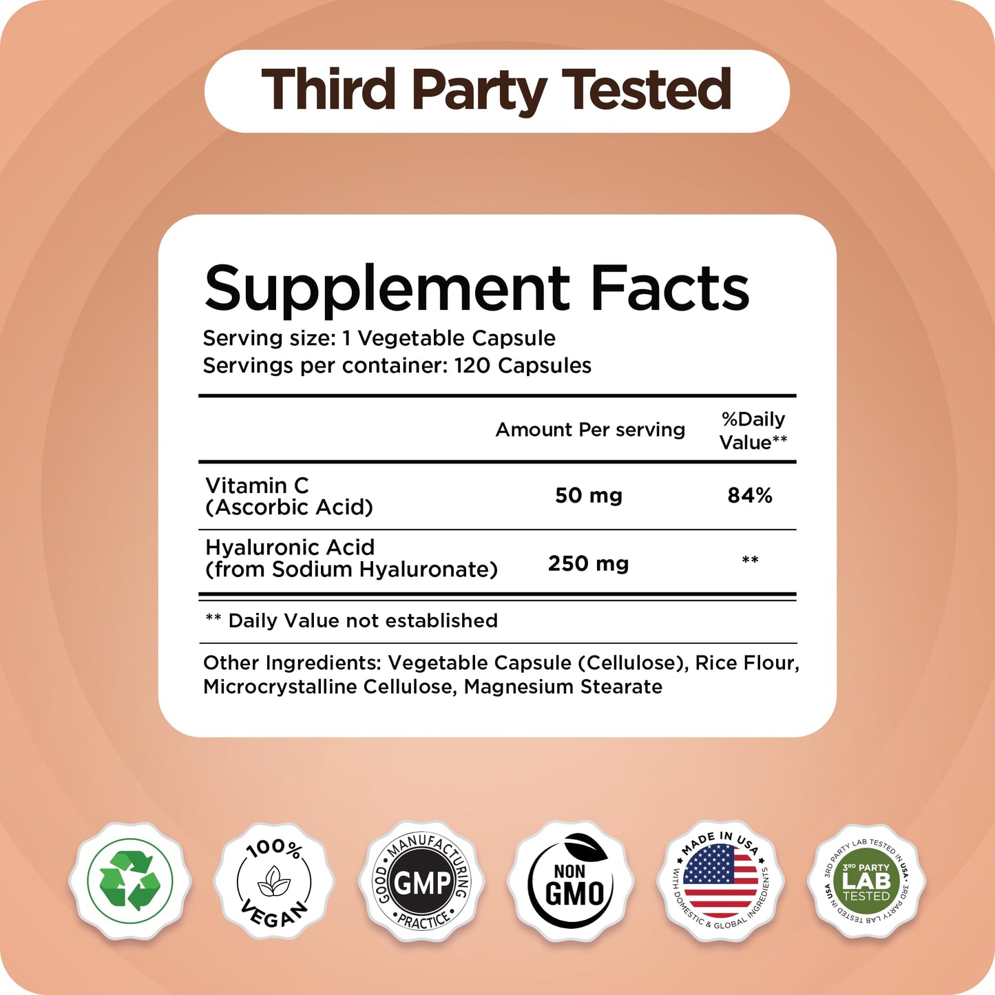 Pure Hyaluronic Acid Supplement 250mg with Vitamin C 50mg, 120 Vegan Capsules - Skin Hydration for Natural Glow, Hair, Nails, Bone & Joint Health Formula