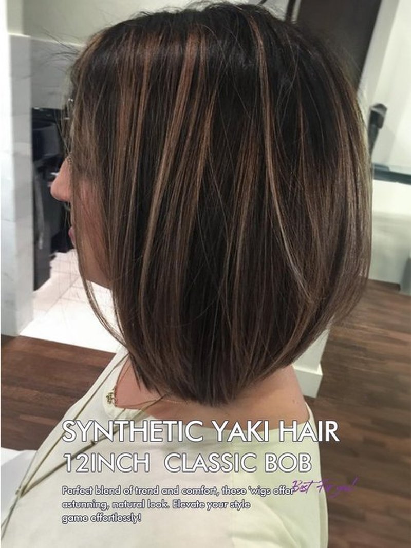 Allbell 12Inch Yaki Straight Bob Wig with Bangs Synthetic Hair Black with Blonde Highlights Bob Wig Ready to Go Short Wigs for Women