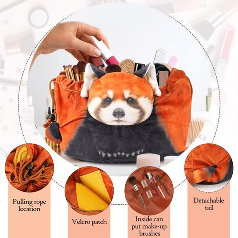 Openhahaha Drawstring Makeup Bag, Red Panda Makeup Bag, Travel Makeup Organizer, Cosmetic Pouch Bag, Red Panda Gift for Women, Lay Flat Makeup Bag Gifts for Red Panda Lovers (Red Panda)