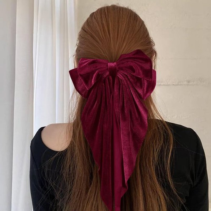 Dark Red Velvet Large Hair Bow Long Tail Bowknot Hair Barrette Clip 8.26 Inch Women Girls Fall Winter Ponytail Holder Hair Accessories