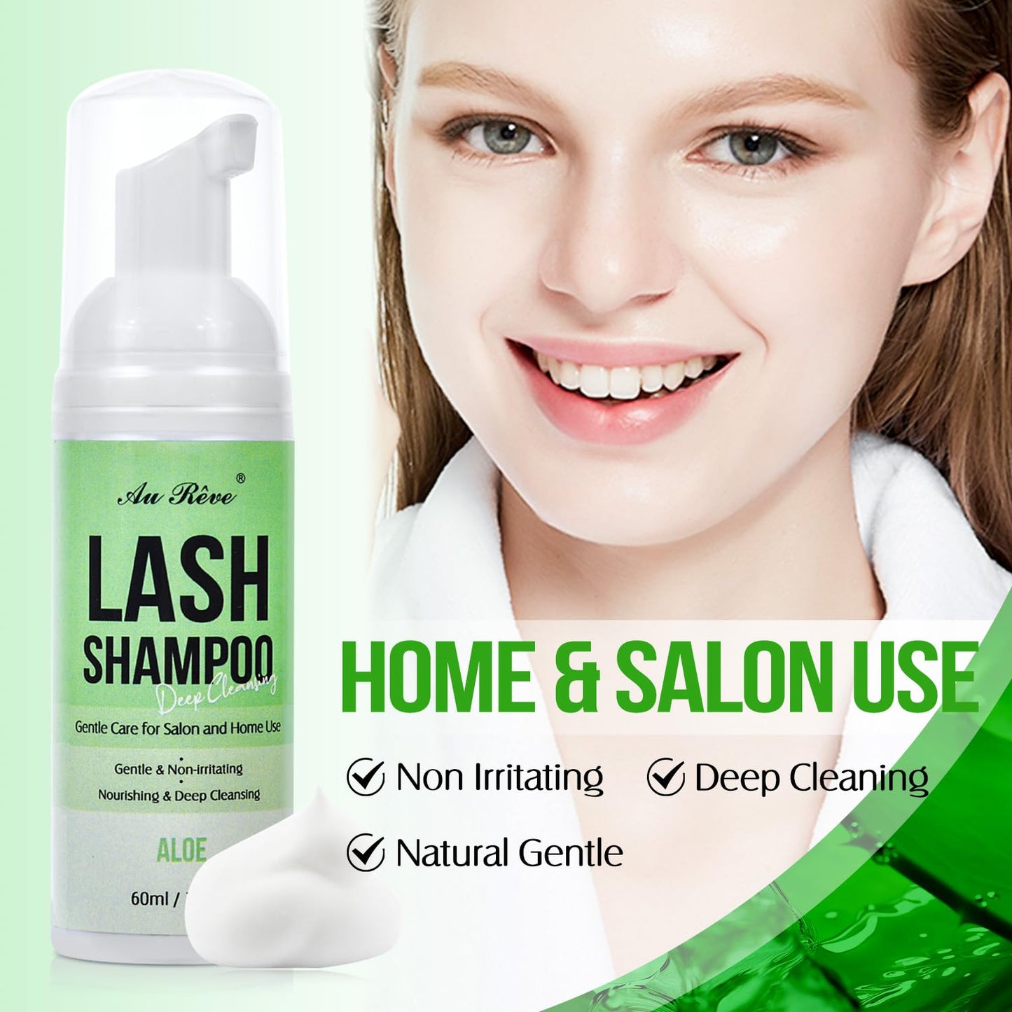 Lash Shampoo for Lash Extensions 60 Ml/2fl.oz Eyelash Extension Cleanser Oil Free Lash Cleanser for Eyelash Care, Gentle Foaming Eyelash Shampoo with Brush for Salon Home Care (Aloe 60ml)
