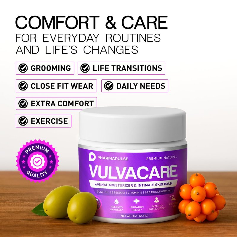 Pharmapulse Organic Vaginal Moisturizer, Vulva Balm Cream, Intimate Skin Care, Menopause Support - Relieves Dryness, Itching, Burning, Redness, Chafing, Odor, Irritation - Estrogen Free 4oz