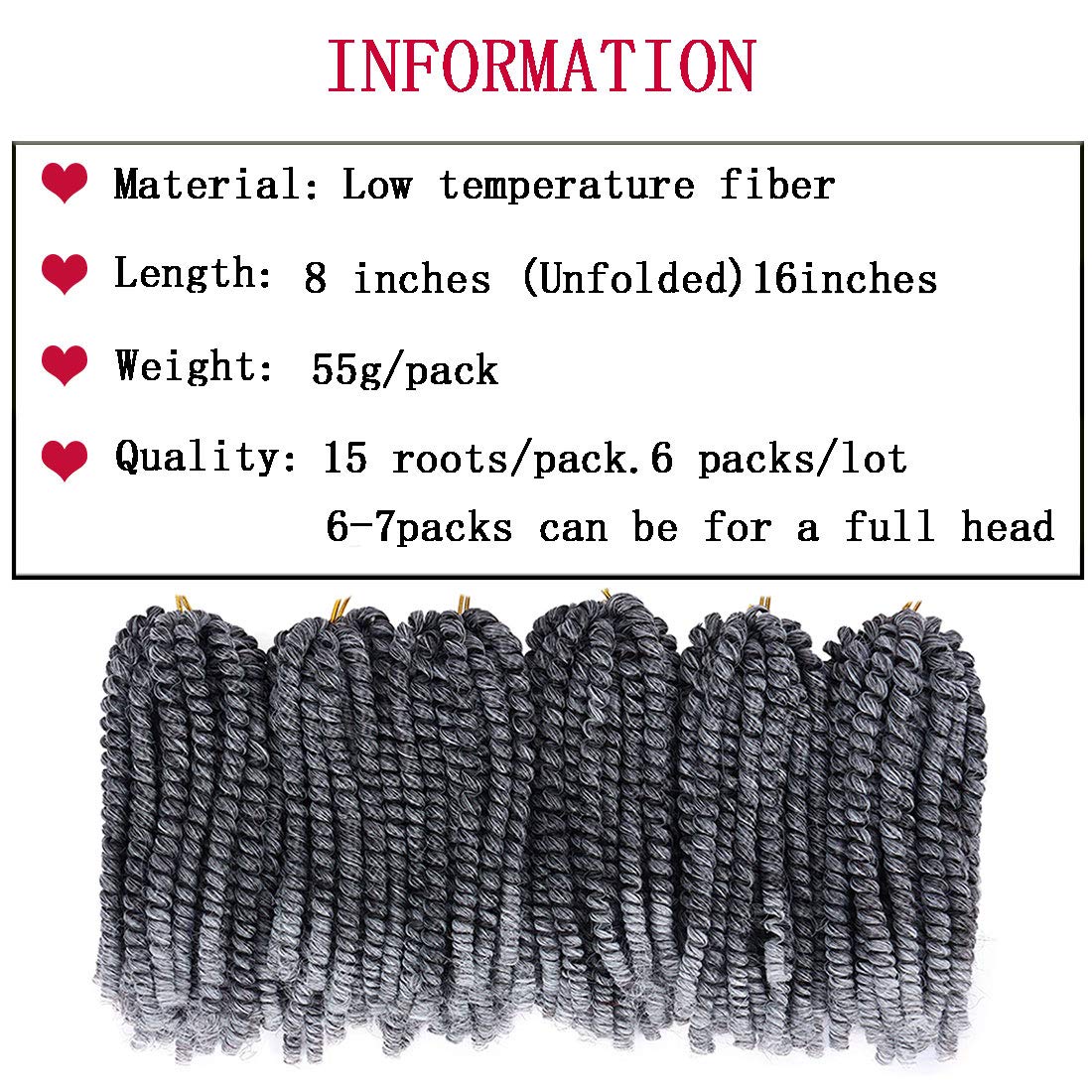 6 Packs Spring Twist Braiding Hair Spring Twists Bomb Twist Hair Synthetic Fiber Fluffy Twist Crochet Braids Low Temperature Fiber Crochet Hair for Women Braiding Hair(8inch,T1B/Gray)