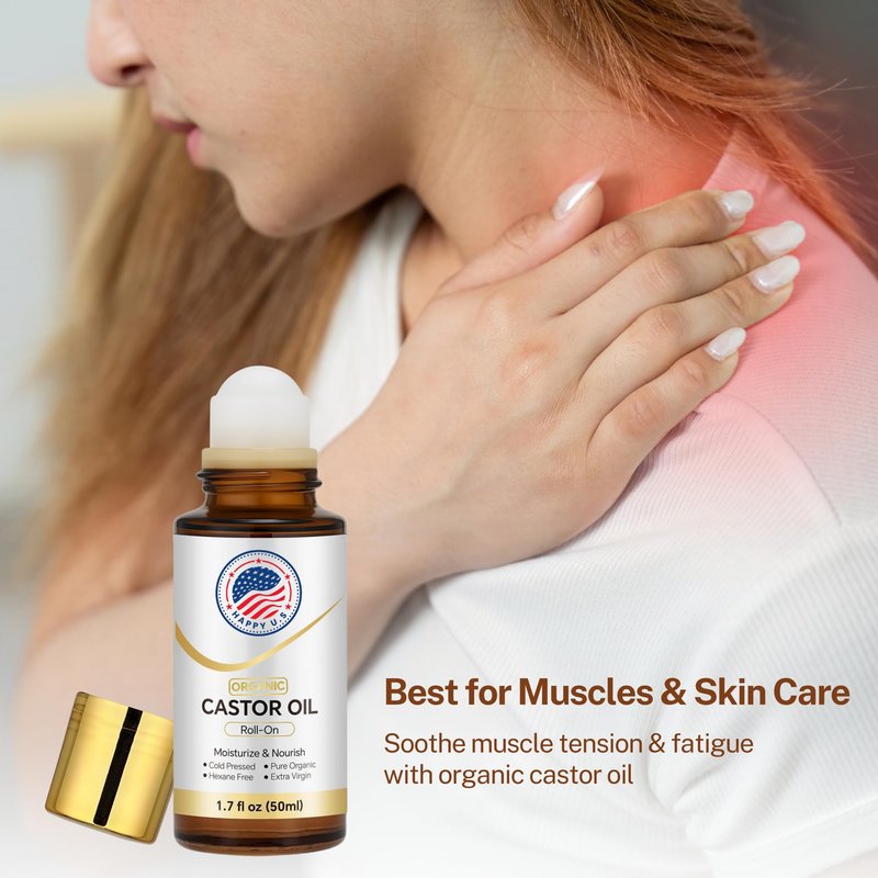 Happy U.S Organic Castor Oil Roll On For Face and Body, Cold Pressed, 100% Pure Hexane Free Castor Oil, Unrefined - Stimulate Hair Growth, Moisturize Skin, Wrinkles Dark Circles Beauty Rollerball