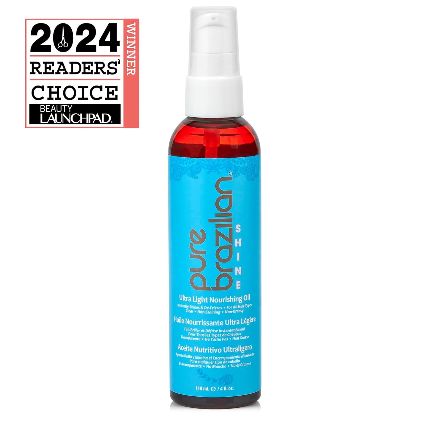 Pure Brazilian Shine Ultra Light Nourishing Oil with Brazilian Nut Oil for Smooth, Glossy & Frizz-Free Hair, Deep Hydration & Brilliant Shine, 4 Fl Oz