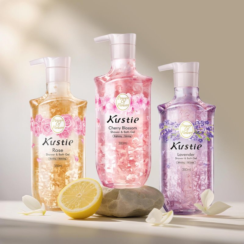 Kustie Natural Flower Petal Body Wash with Essential Oils, 24H Fragrance & Moisturizing Deep Cleanse Shower Gel for Sensitive & Dry Skin