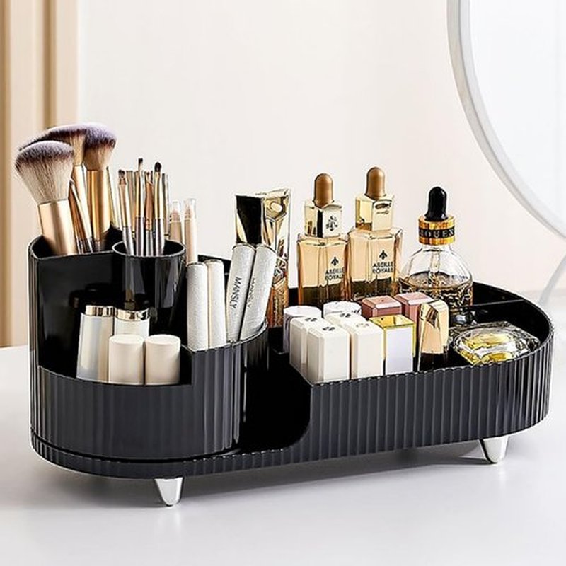 Rotating Large Capacity Cosmetic Display Case,Bathroom Counter Organizer Countertop Storage,Cosmetics Skincare Shelf Organizer (Black, M)