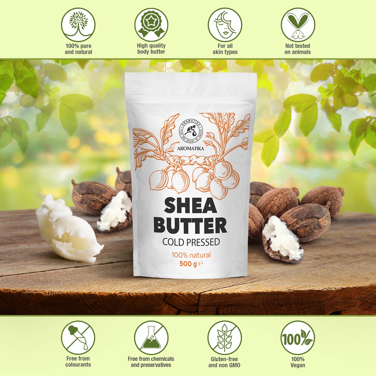 AROMATIKA Shea Butter 17.5 Oz (500g) - Unrefined Raw/Pieces - Africa - Ghana - 100% Pure Shea Butter Body Butter - Cosmetic Grade - for Hair Skin Lip Face Feet Body Care - Massage
